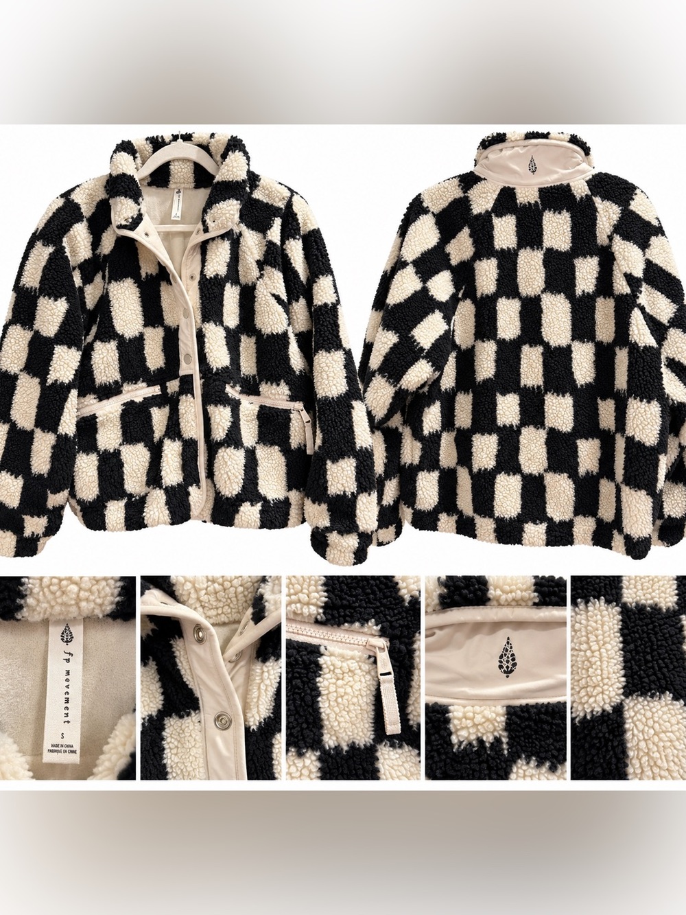 Free People FP Movement Checkered Sherpa Fleece Hit the SlopesJacket Black Cream